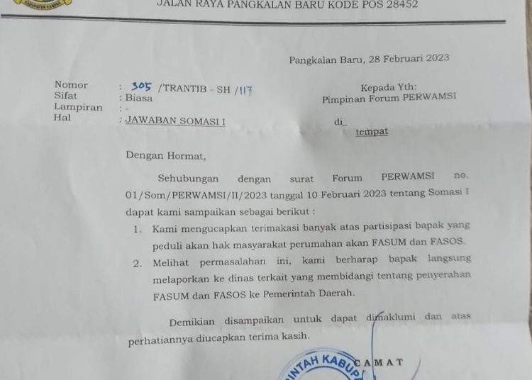 Surat Balasan Camat Siak Hulu terkait Somasi yang dilayangkan Pihak PERWAMSI